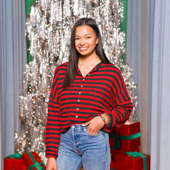 Red and Black Striped Button-Up Sweater - Picture 1 of 6
